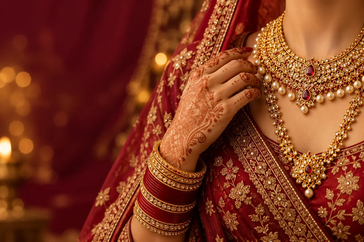 Illustrative bridal jewellery with burgundy wedding attire
