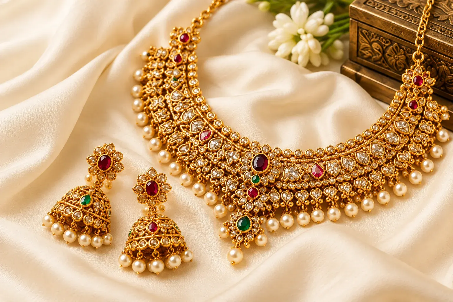 Illustrative Kundan necklace and pearl-fringed jhumkas on ivory silk
